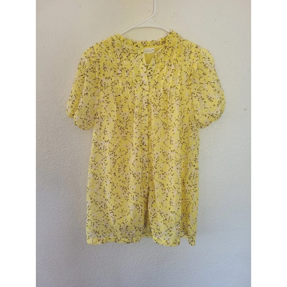 Zara‎ Floral Print Dress Ruffle Neck Full Button Short Sleeve Yellow Size 9 #4